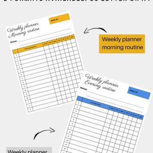 Puede incluir: Plantillas de planificador semanal imprimibles para las rutinas de la ma&ntilde;ana y la noche. Las plantillas est&aacute;n dise&ntilde;adas para el autocuidado y la creatividad. El texto "WEEK OF" aparece en la parte superior de cada plantilla. Las plantillas est&aacute;n disponibles en tama&ntilde;os US Letter o A4.