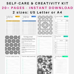 Puede incluir: Un kit de autocuidado y creatividad imprimible con m&aacute;s de 20 p&aacute;ginas. El kit incluye p&aacute;ginas para la planificaci&oacute;n semanal, el seguimiento del ejercicio, indicaciones para escribir, listas de tareas, actividades relajantes y la escritura de un diario. Las p&aacute;ginas presentan dise&ntilde;os de mandalas y florales en blanco y negro.