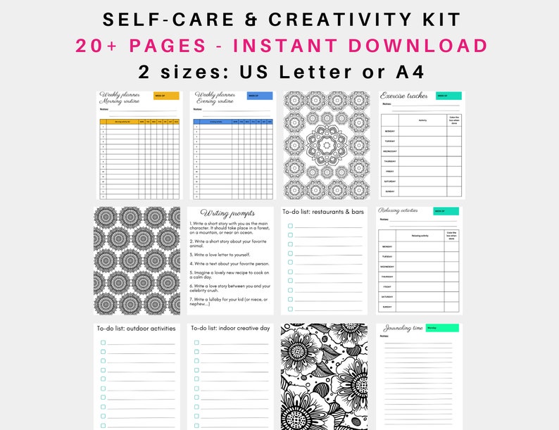 Puede incluir: Un kit de autocuidado y creatividad imprimible con m&aacute;s de 20 p&aacute;ginas. El kit incluye p&aacute;ginas para la planificaci&oacute;n semanal, el seguimiento del ejercicio, indicaciones para escribir, listas de tareas, actividades relajantes y la escritura de un diario. Las p&aacute;ginas presentan dise&ntilde;os de mandalas y florales en blanco y negro.