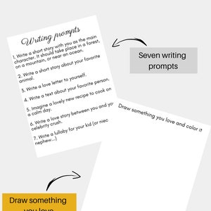 Puede incluir: Kit de planificador de estilo de vida imprimible con siete indicaciones de escritura y una indicaci&oacute;n de dibujo. Las indicaciones de escritura incluyen escribir una historia corta, una carta de amor, un texto sobre una persona favorita, una receta, una historia de amor y una canci&oacute;n de cuna. La indicaci&oacute;n de dibujo es dibujar algo que te guste y colorearlo.