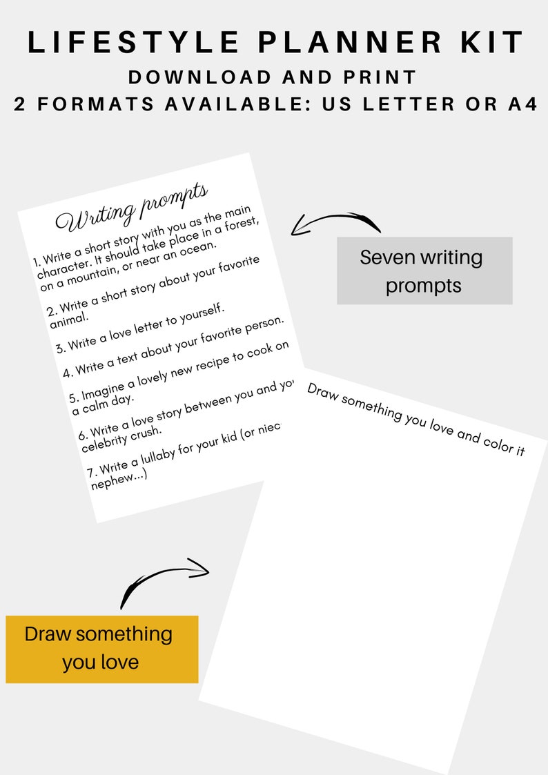 Puede incluir: Kit de planificador de estilo de vida imprimible con siete indicaciones de escritura y una indicaci&oacute;n de dibujo. Las indicaciones de escritura incluyen escribir una historia corta, una carta de amor, un texto sobre una persona favorita, una receta, una historia de amor y una canci&oacute;n de cuna. La indicaci&oacute;n de dibujo es dibujar algo que te guste y colorearlo.