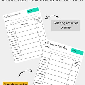 Puede incluir: Kit de autocuidado y creatividad imprimible con dos rastreadores semanales: un planificador de actividades relajantes y un rastreador de ejercicios semanal. Cada rastreador tiene una columna para colorear cuando se completa la actividad. El texto "SEMANA DE" aparece en la parte superior de cada rastreador.