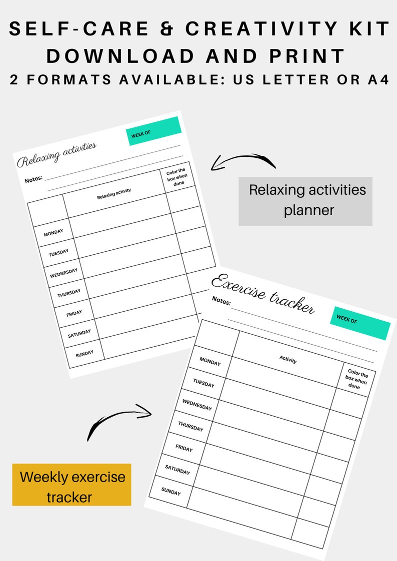 Puede incluir: Kit de autocuidado y creatividad imprimible con dos rastreadores semanales: un planificador de actividades relajantes y un rastreador de ejercicios semanal. Cada rastreador tiene una columna para colorear cuando se completa la actividad. El texto "SEMANA DE" aparece en la parte superior de cada rastreador.