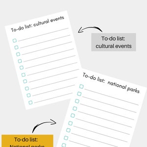 Puede incluir: Lista de verificaci&oacute;n imprimible con dos listas de tareas: "Lista de tareas: eventos culturales" y "Lista de tareas: parques nacionales". Cada lista tiene 10 l&iacute;neas en blanco con casillas de verificaci&oacute;n.