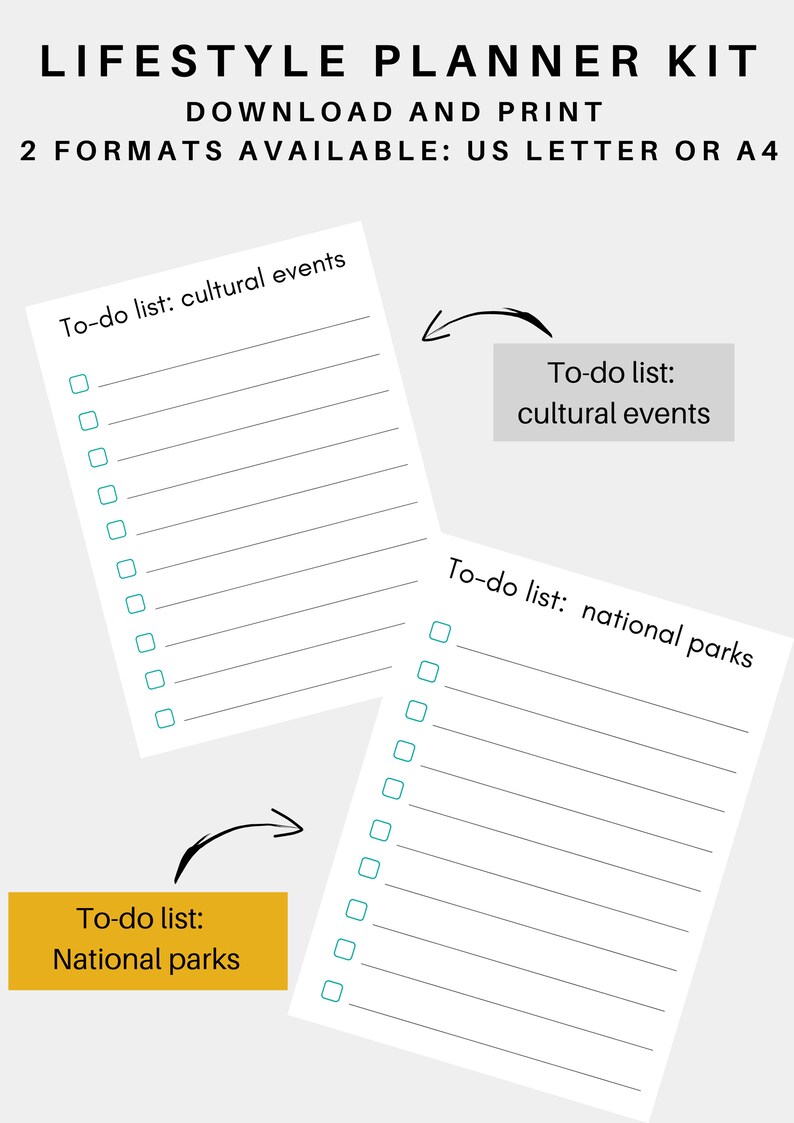 Puede incluir: Lista de verificaci&oacute;n imprimible con dos listas de tareas: "Lista de tareas: eventos culturales" y "Lista de tareas: parques nacionales". Cada lista tiene 10 l&iacute;neas en blanco con casillas de verificaci&oacute;n.