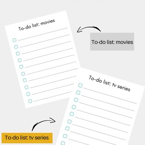 Puede incluir: Dos listas de tareas imprimibles para pel&iacute;culas y series de televisi&oacute;n. Cada lista tiene 12 l&iacute;neas en blanco con casillas de verificaci&oacute;n.