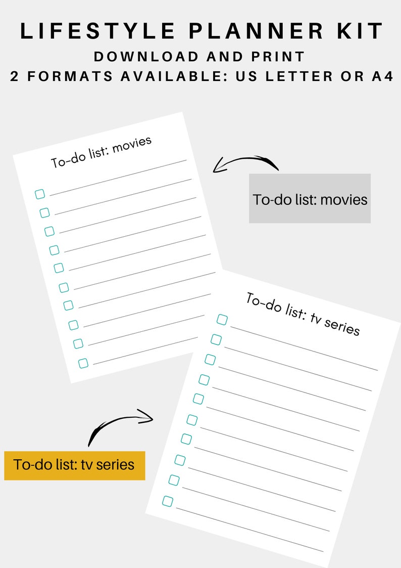 Puede incluir: Dos listas de tareas imprimibles para pel&iacute;culas y series de televisi&oacute;n. Cada lista tiene 12 l&iacute;neas en blanco con casillas de verificaci&oacute;n.
