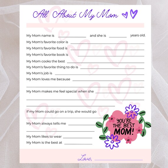 Printable handwriting gift letter for mom "all about my mom"