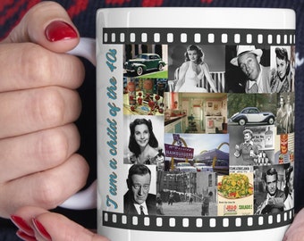 Grandparents mug gift, 80th birthday gift, retro 40s photo collage mug, memorabilia retirement mug gift, 1940s photos mug