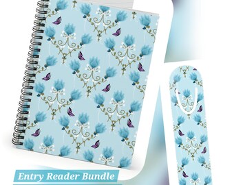 May include: A spiral-bound notebook and matching bookmark. Both items feature a light blue floral pattern with blue flowers and purple butterflies. The text "Entry Reader Bundle Notebook + Bookmark" is displayed at the bottom.