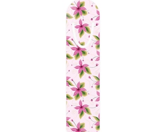 May include: A vertical bookmark with a rounded top edge featuring a repeating pattern of pink flowers with green leaves on a light pink background. The bookmark includes a die-cut slot near the top for securing pages within a book.