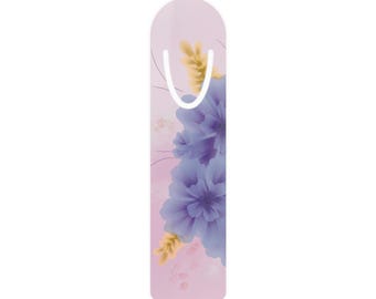 May include: A vertical bookmark with a rounded top and a die-cut U-shaped slot. The bookmark features a soft pink background decorated with large, layered purple floral illustrations and smaller, delicate yellow leaf accents on the side.