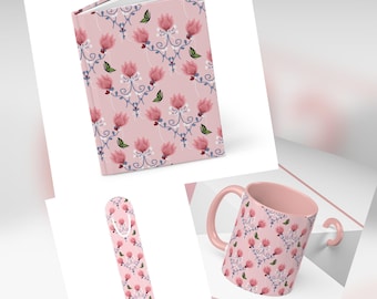 May include: A Core Reader Essentials Bundle featuring a pink floral design. The bundle includes a journal, a bookmark, and a mug. The floral pattern has pink flowers, green leaves, and a light blue decorative element. The text on the image reads "Core Reader Essentials Bundle | Botanical Garden Floral."