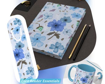 May include: A set of Core Reader Essentials, including a notebook, bookmark, and accent mug. The items feature a light blue floral pattern with darker blue flowers. Two pencils, one gold and one black, are also present.