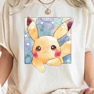Camiseta de Pikachu de acuarela: linda camiseta de tipo eléctrico, camiseta con gráficos de anime kawaii, regalo de estilo galáctico para fanáticos de Pokémon.