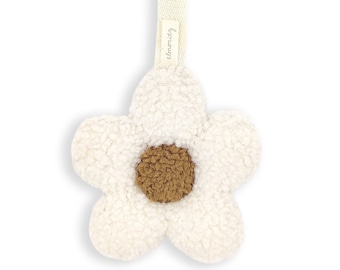 Teddy daisy pacifier clip in ecru camel / Baby daisy blinkie / Sherpa daisy dummy clip / Daisy baby comforter