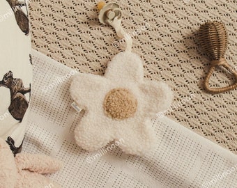 Big sherpa flower pacifier clip in ecru sand