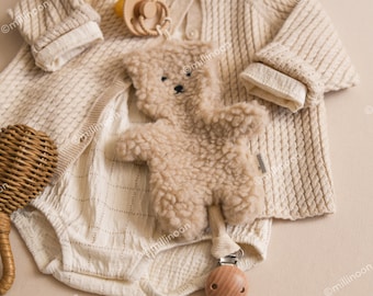 Attache tétine clip ourson sherpa beige / Attache tétine ours / Doudou attache sucette ours / Ours moumoute