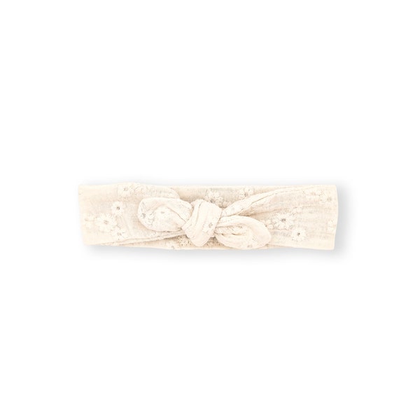 Bandeau bébé tissu gaze de coton bio brodé fleur