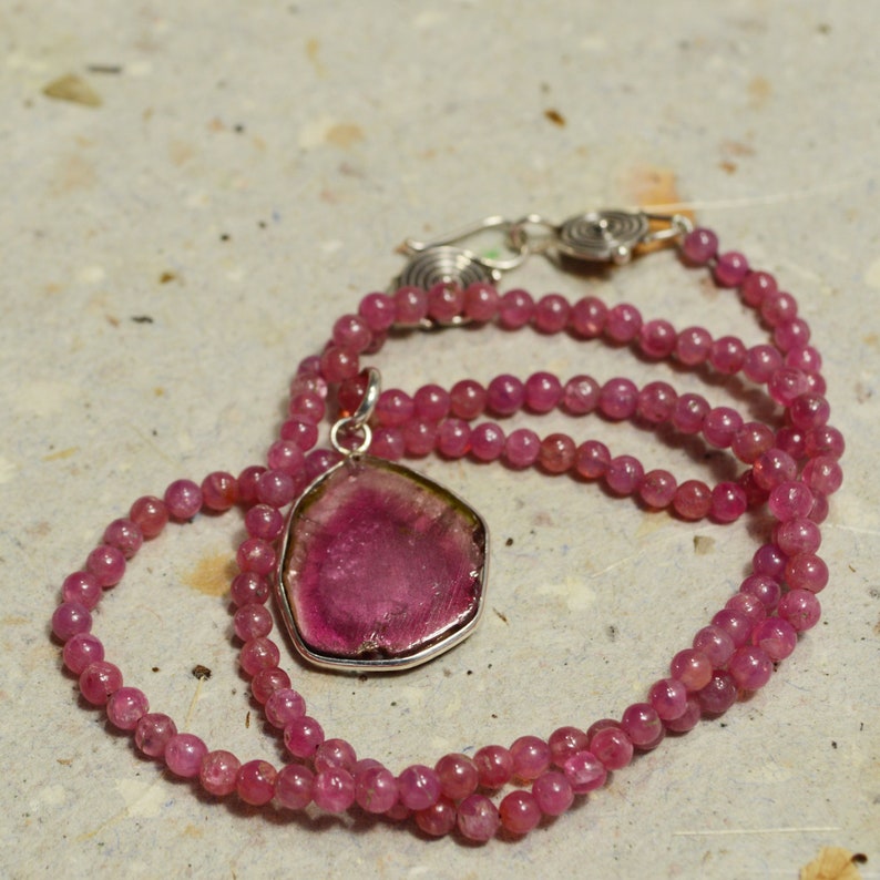 Natural Watermelon Tourmaline Pendant Set in Sterling Silver on Natural Pink Tourmaline Necklace on Silver Clasp Heal Heart Chakra