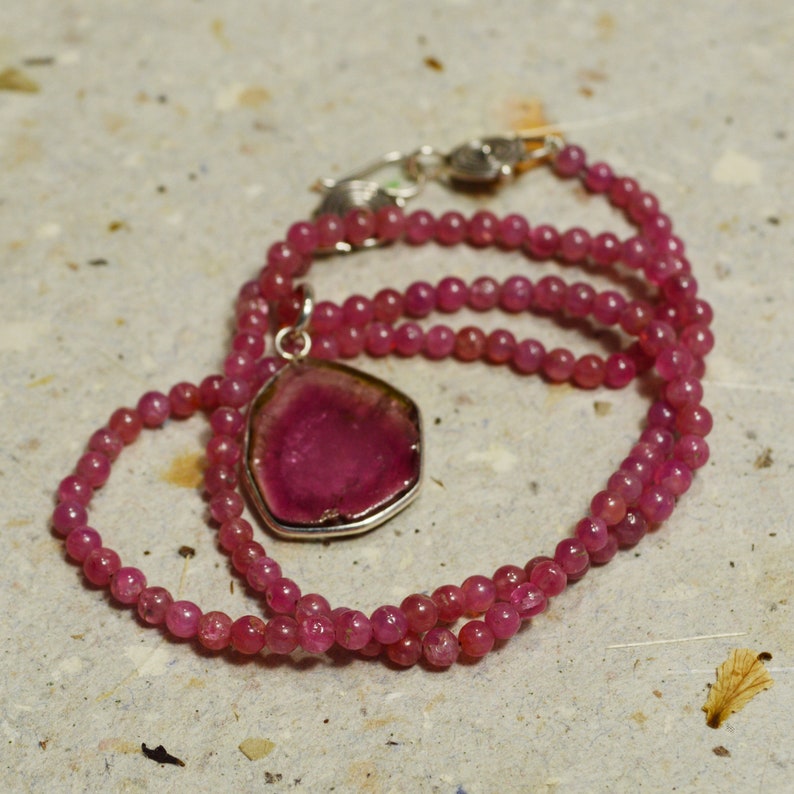 Natural Watermelon Tourmaline Pendant Set in Sterling Silver on Natural Pink Tourmaline Necklace on Silver Clasp Heal Heart Chakra