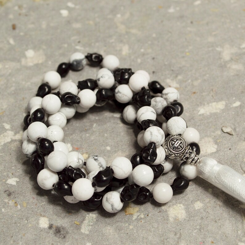 White and Black Skull Howlite Mala with Silver Guru Bead White Silk Tassel Hand Strung 33 Inches Boost Creative Imagination shops Sahasrara Chakra