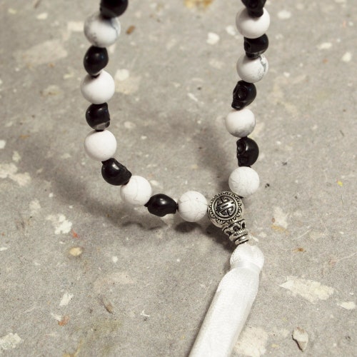 White and Black Skull Howlite Mala with Silver Guru Bead White Silk Tassel Hand Strung 33 Inches Boost Creative Imagination shops Sahasrara Chakra