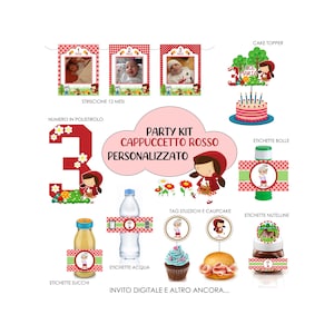 PartyKit Cappuccetto Rosso - Invito digitale, CakeTopper, Etichette Acqua/Succhi, Etichette Bolle, Striscione12mesi, Nutelline, Polistirolo