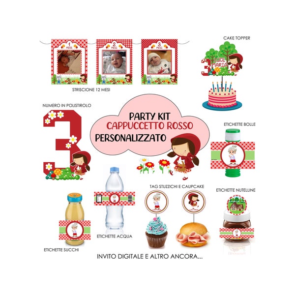 PartyKit Cappuccetto Rosso - Invito digitale, CakeTopper, Etichette Acqua/Succhi, Etichette Bolle, Striscione12mesi, Nutelline, Polistirolo