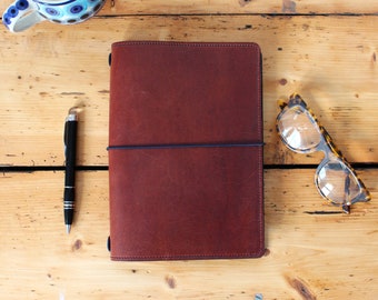 Italian Leather A5 Notebook Cover in Warm Dark Brown with Pockets/Sleeves - FREE personalisation
