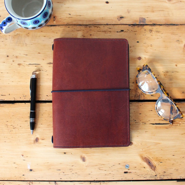 Italian Leather A5 Notebook Cover in Dark Brown with Pockets/Sleeves - FREE personalisation