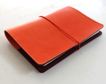Bright Orange Italian Leather Notebook Cover with Pockets/Sleeves - Choice of Sizes - FREE personalisation