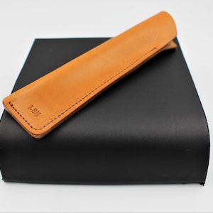 Personalised Italian Leather Single Pen Case Sheath in a choice of colours Tan Natural Edging