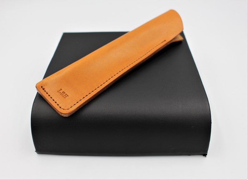 Personalised Italian Leather Single Pen Case Sheath in a choice of colours Tan Natural Edging