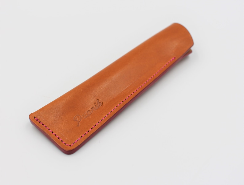 Personalised Italian Leather Single Pen Case Sheath in a choice of colours Tan Pink Detail