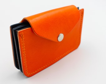 Minimalist Personalised Full Grain Leather Card Holder Wallet in Bright Orange