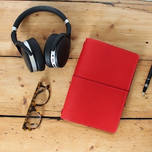 Italian Leather A5 Notebook Cover in Bright Red with Pockets/Sleeves - FREE personalisation