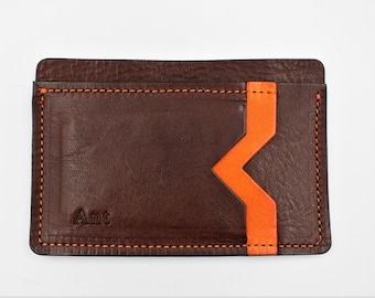 Minimalist Card Holder Italian Leather Dark Brown & Orange - FREE personalisation