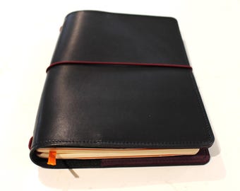 Italian Leather A5 Notebook Cover in Black with Pockets/Sleeves - FREE personalisation
