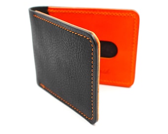 Minimalist Card Holder Wallet Full Leather in Black & Orange Travel Pass Holder Choice of Colours with FREE personalisation