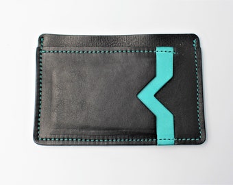 Minimalist Full Grain Leather Card Holder Wallet in black and turquoise - FREE personalisation