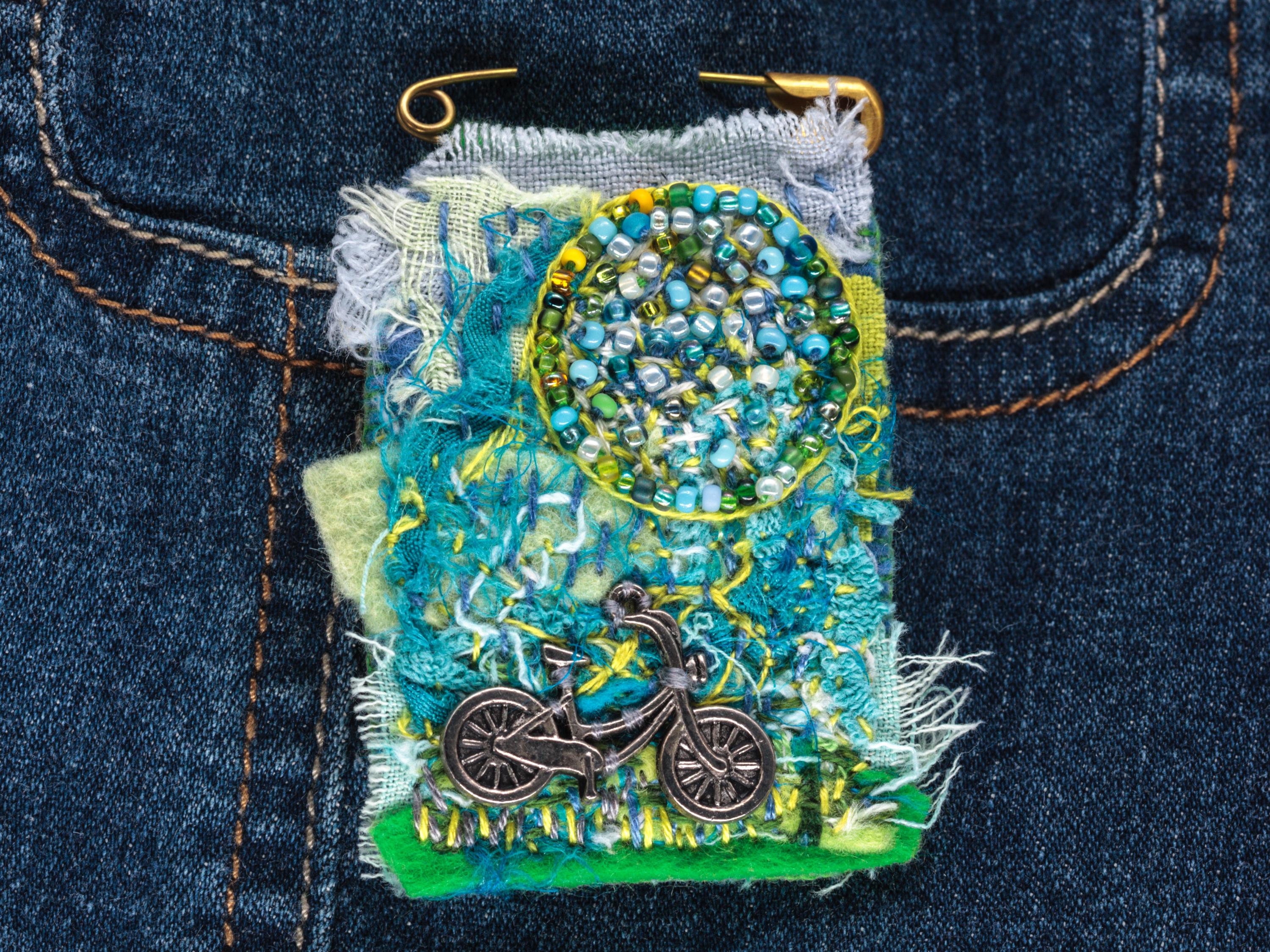 Blue Boho Slow Stitch Brooch ~ Hand-Embroidered Pin ~ Upcycled Textile Art ~ Wearable Art Accessory ~ OOAK ~ Handmade in USA