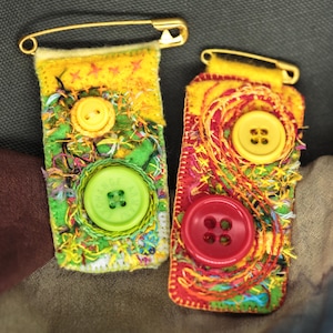 Pair of Slow-Stitched Boho Brooches/Bag Charms with Buttons, Real Orts