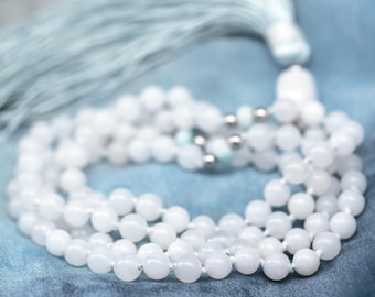 108 Snow Quartz Mala Beads (6mm) with Amazonite Counters, Silk Tassel