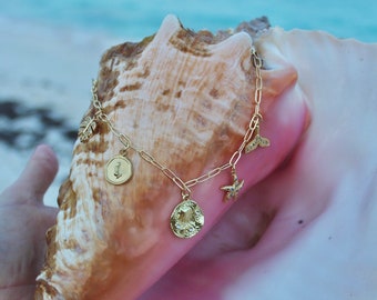 14K Gold Plated Beachy Charm Necklace / Summer Charm Necklace / Beach Charm Necklace