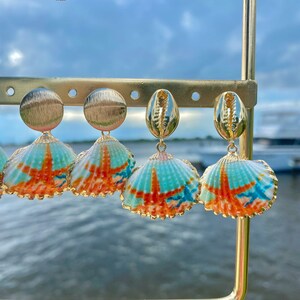 18K Gold Plated Starfish Painted Sea Shell Earrings