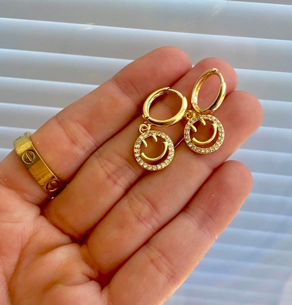 18K Gold Plated Happy Face Huggies Smiley Face Huggies Gold Smiley Face  Earrings