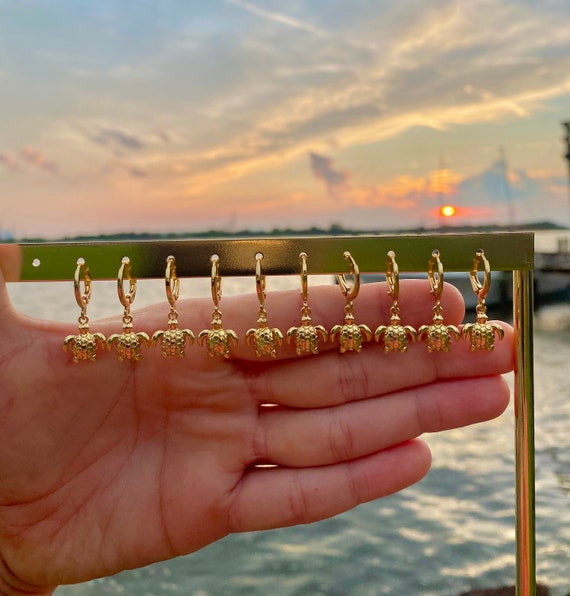 20K Gold Plated Sea Turtle Huggies / Sea Turtle Earrings / Sea Turtle Jewelry