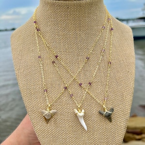 18K Gold Plated Amethyst Gemstone x Shark Tooth Necklace