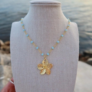 Gold Tropical Flower Necklace / Plumeria Necklace / Hibiscus Necklace
